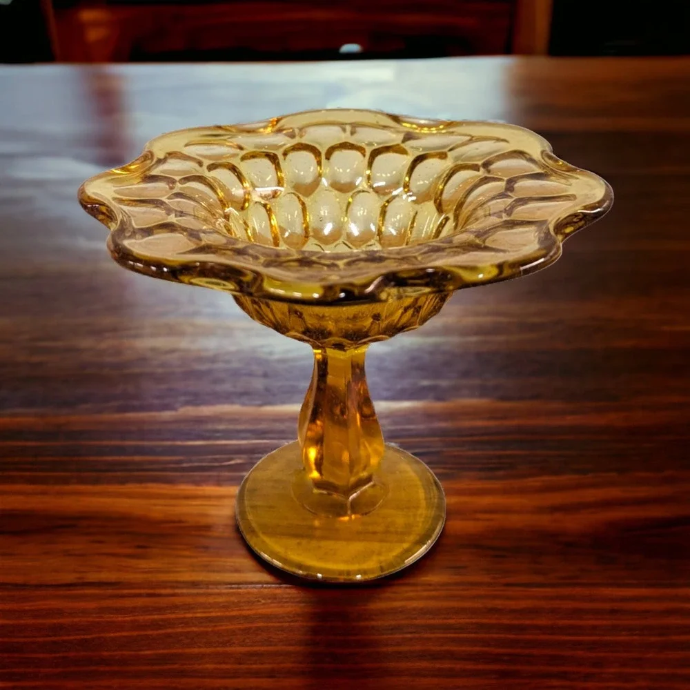 Vintage Amber Gold Fingerprint Glass Compote Dish Scalloped Pedestal Bowl
